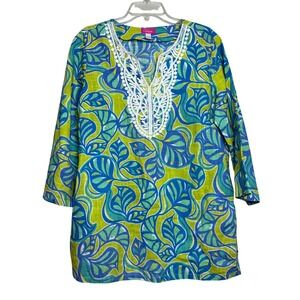 Cappagallo Womens Tunic Top Blue Green Leaf Print White Lace V-Neck 3/4 Sleeve L